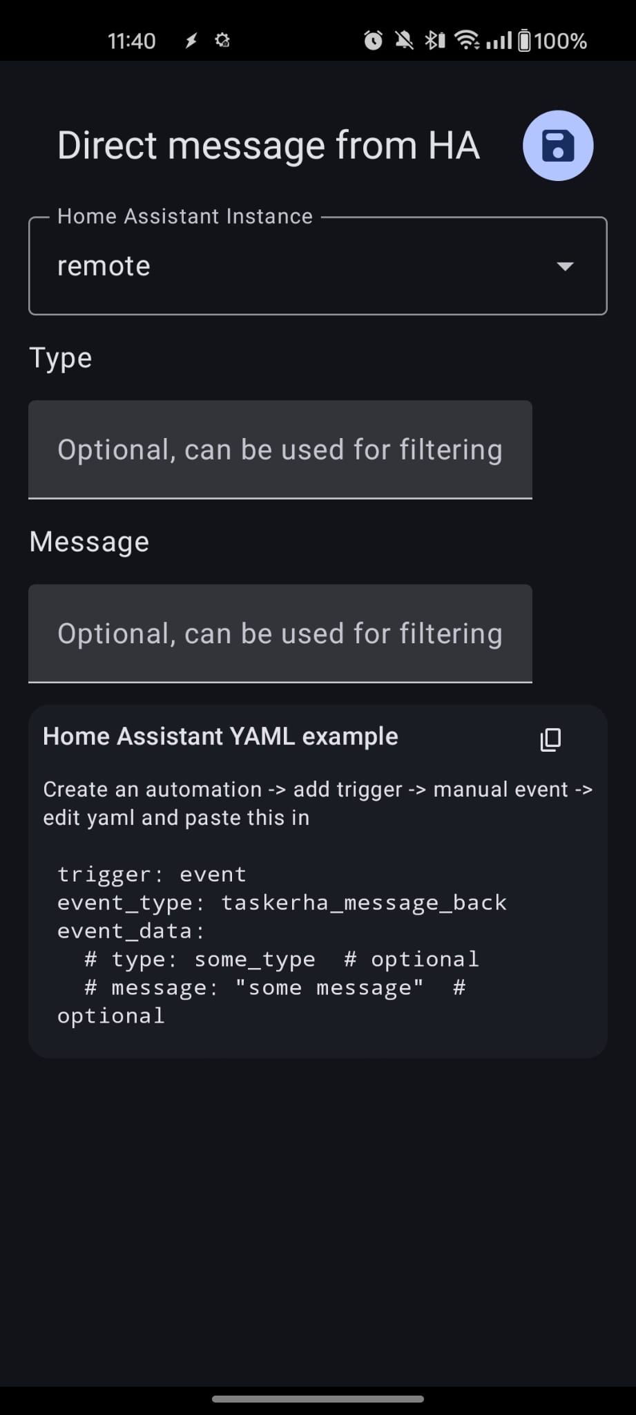 Send Message action config with Type and Message fields